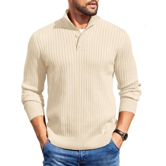Men's Quarter Button Sweater Long Sleeve Stand Collar Sweater Knitted Beige - Picture 1 of 5